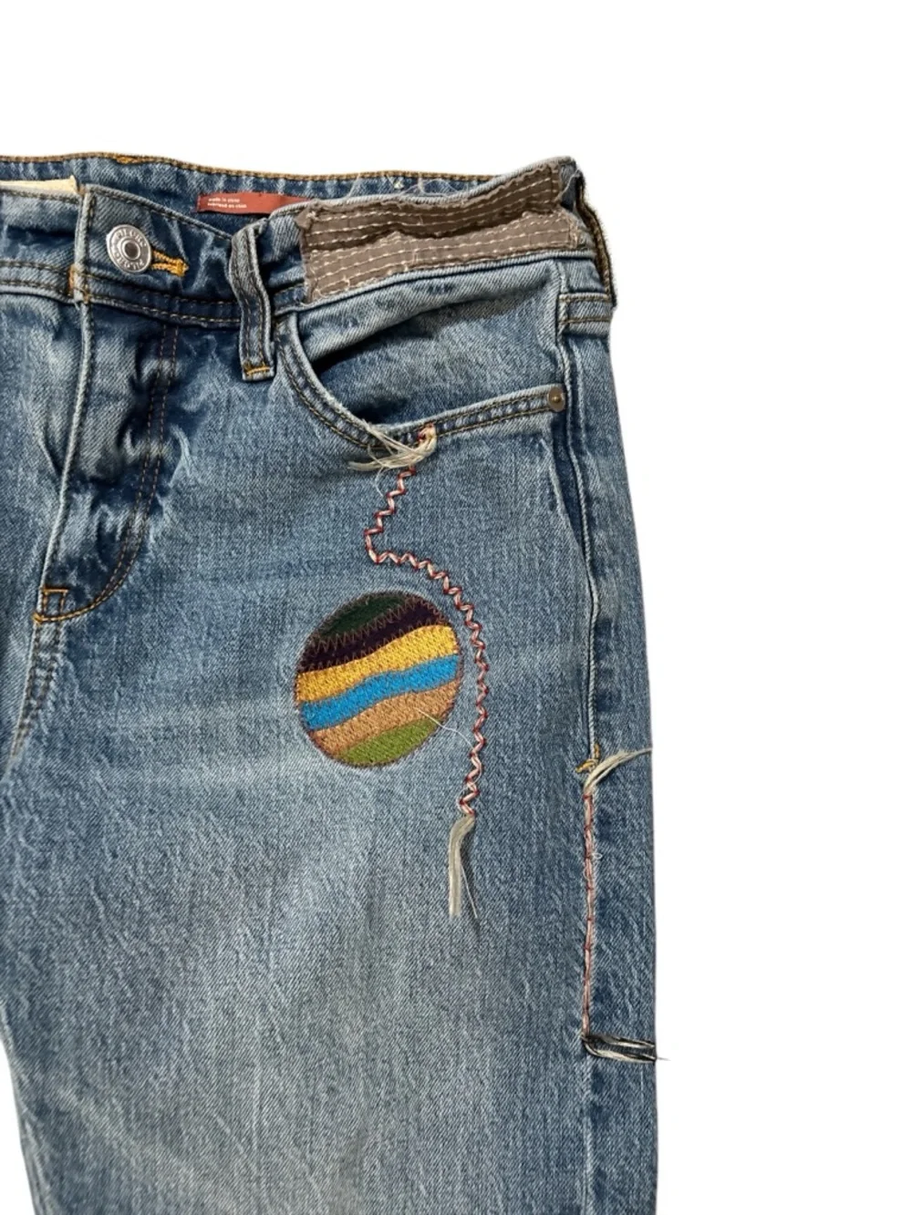 Pilcro Anthropologie Women’s Blue Patchwork Straight-Leg Boyfriend Jeans size 26 - Picture 5 of 14